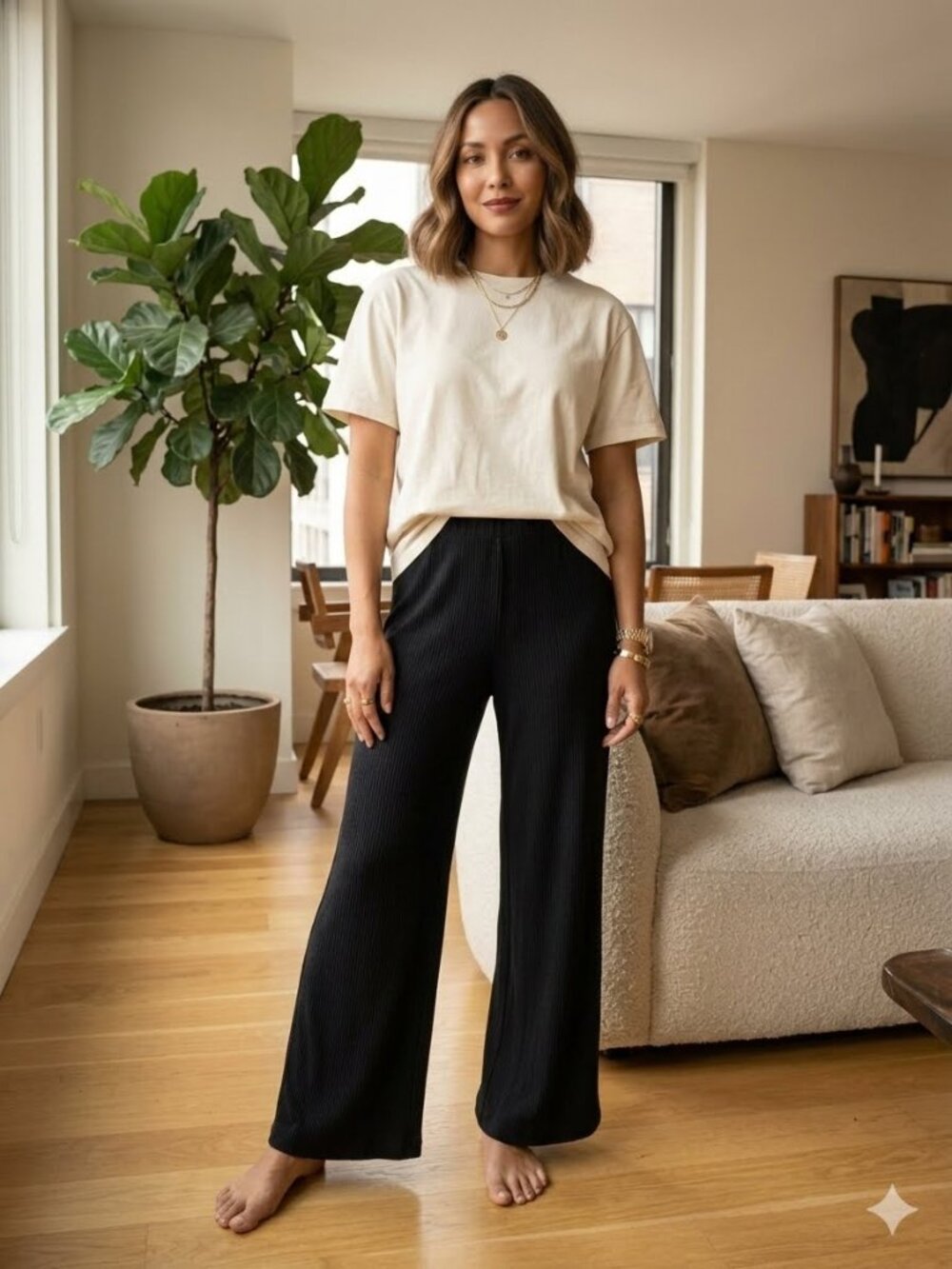 YELETS Athleisure Black Ribbed Wide Leg Pants